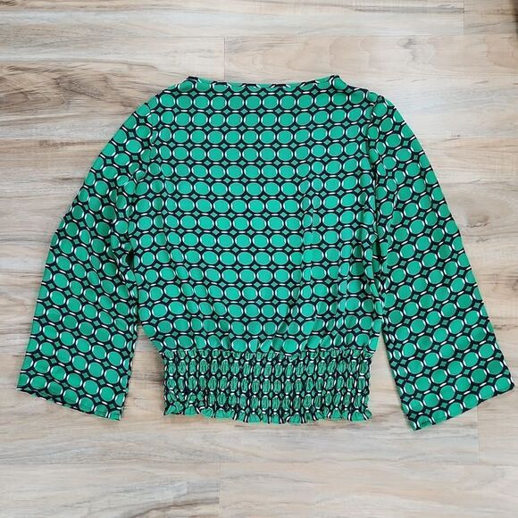 💜Michael Kors Green Circular Geo Print Adjustable Long Sleeve Blouse Small - Picture 2 of 12